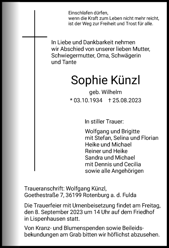 Todesanzeige von Sophie Künzl von HNA