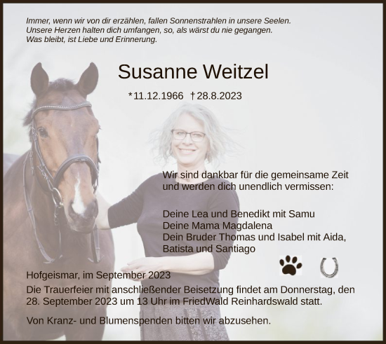 Todesanzeige von Susanne Weitzel von HNA