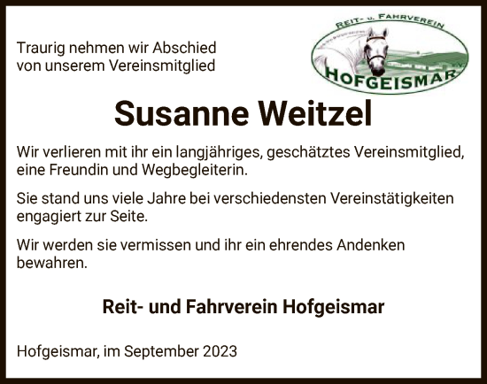 Todesanzeige von Susanne Weitzel von HNA