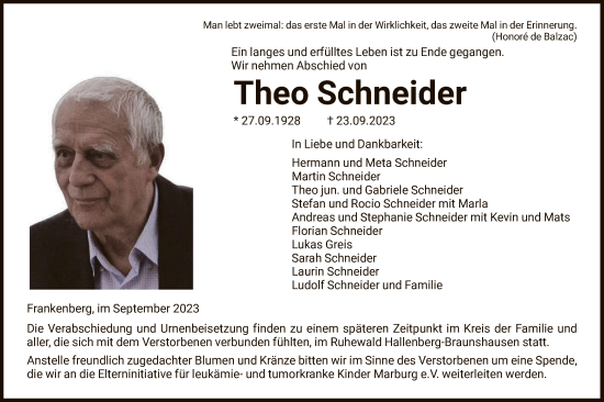 Todesanzeige von Theo Schneider von HNA