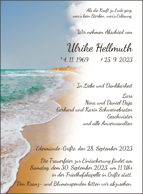 Todesanzeige von Ulrike Hellmuth von HNA