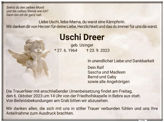 Todesanzeige von Uschi Dreer von HNA