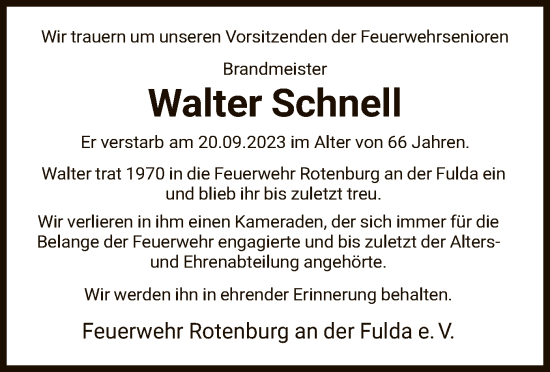Todesanzeige von Walter Schnell von HNA