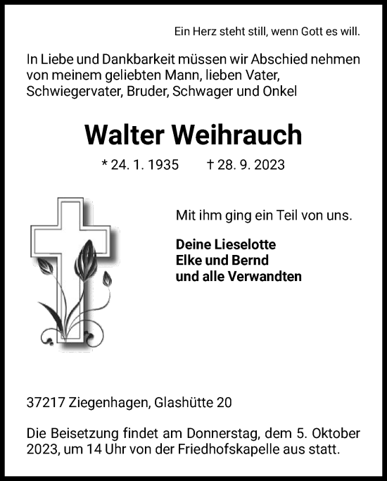 Todesanzeige von Walter Weihrauch von HNA