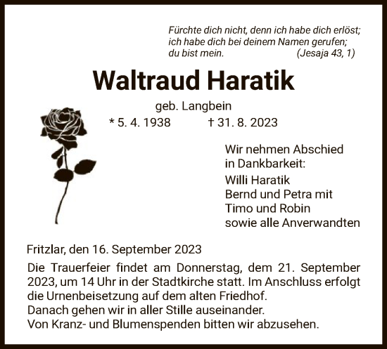 Todesanzeige von Waltraud Haratik von HNA