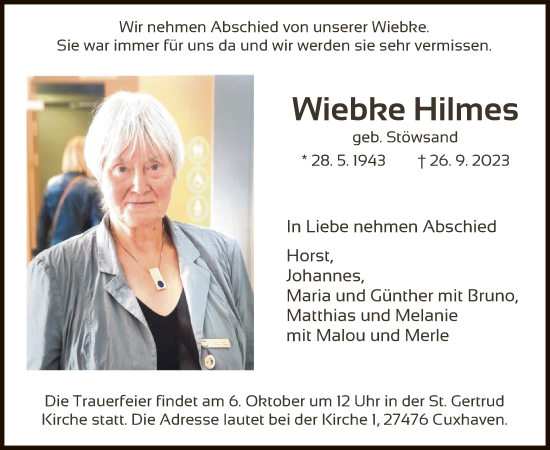 Todesanzeige von Wiebke Hilmes von HNA