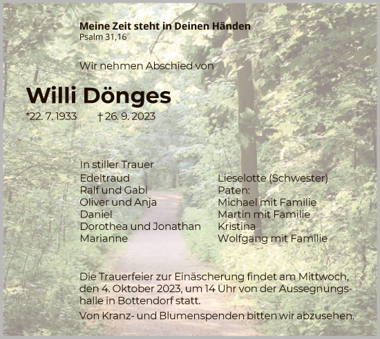Todesanzeige von Willi Dönges von HNA