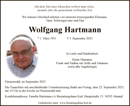 Todesanzeige von Wolfgang Hartmann von HNA