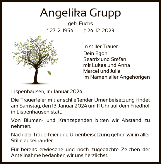 Todesanzeige von Angelika Grupp von HNA