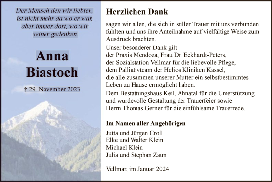 Todesanzeige von Anna Biastoch von HNA