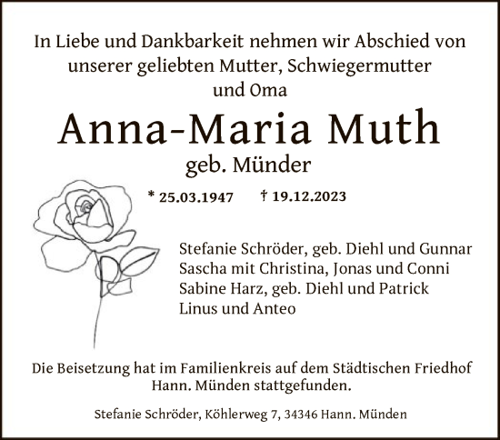 Todesanzeige von Anna-Maria Muth von HNA