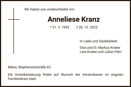 Todesanzeige von Anneliese Kranz von HNA