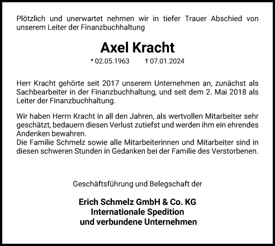 Todesanzeige von Axel Kracht von HNA