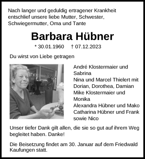 Todesanzeige von Barbara Hübner von HNAHNA