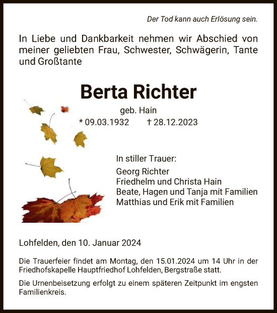 Todesanzeige von Berta Richter von HNA