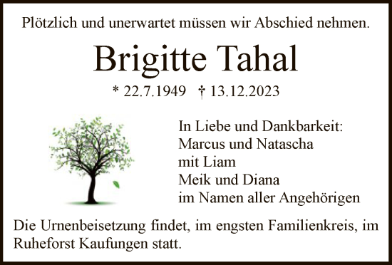 Todesanzeige von Brigitte Tahal von HNA