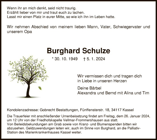 Todesanzeige von Burghard Schulze von HNA