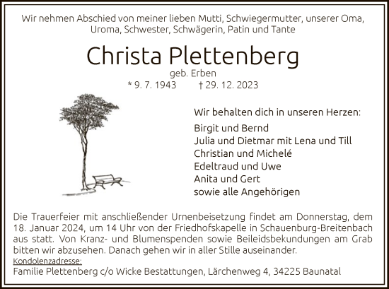 Todesanzeige von Christa Plettenberg von HNA
