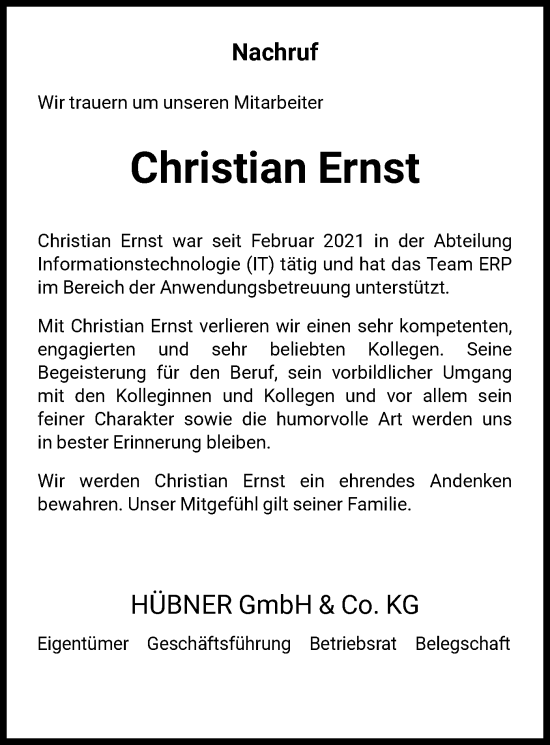 Todesanzeige von Christian Ernst von HNA