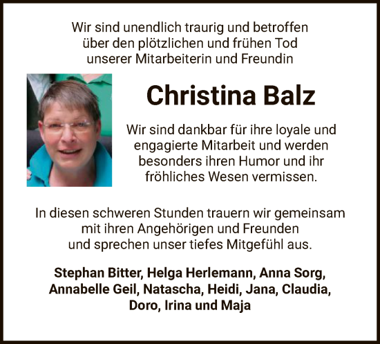 Todesanzeige von Christina Balz von HNA