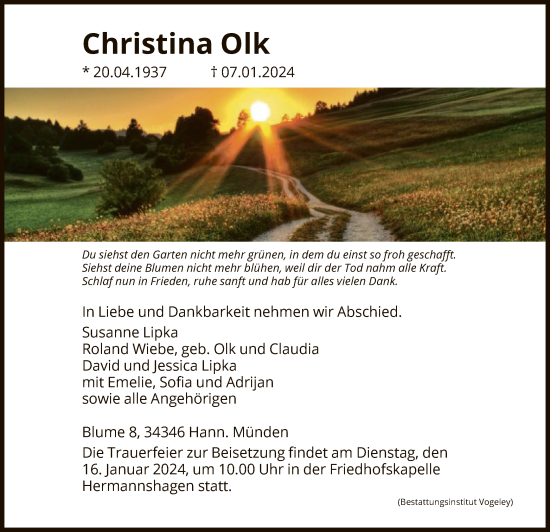 Todesanzeige von Christina Olk von HNA