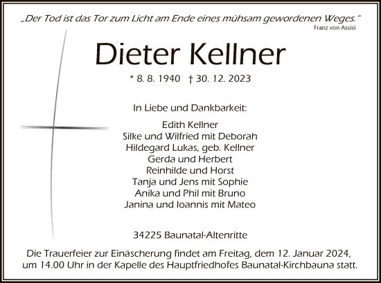 Todesanzeige von Dieter Kellner von HNA