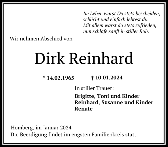 Todesanzeige von Dirk Reinhard von HNA