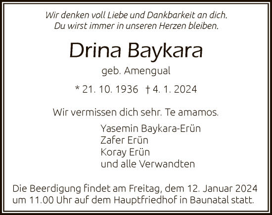 Todesanzeige von Drina Baykara von HNA