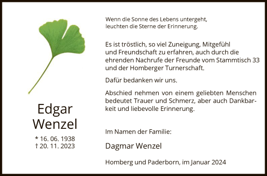 Todesanzeige von Edgar Wenzel von HNA