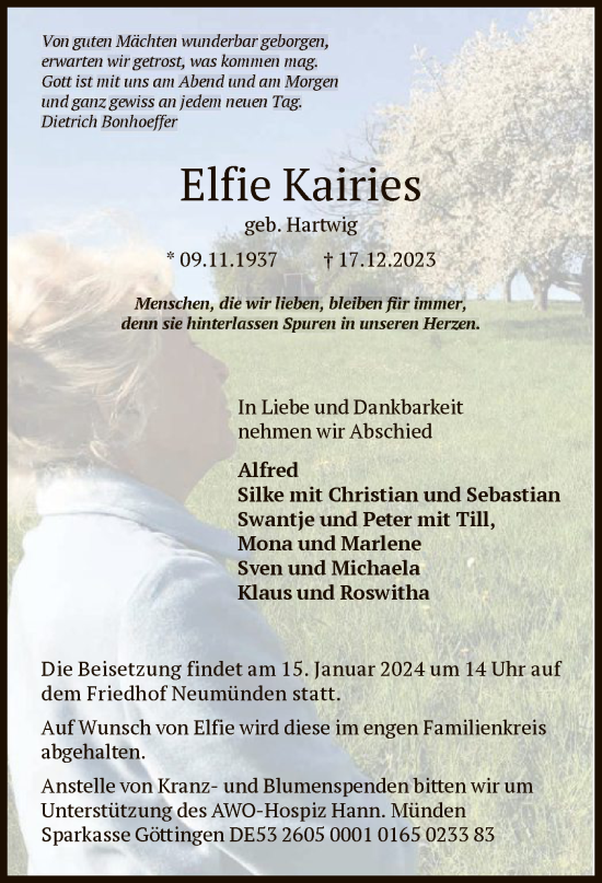 Todesanzeige von Elfie Kairies von HNA