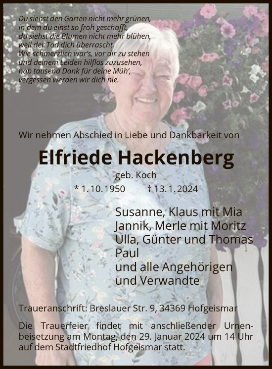 Todesanzeige von Elfriede Hackenberg von HNA