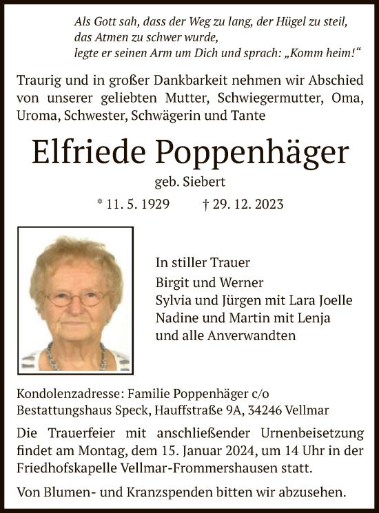 Todesanzeige von Elfriede Poppenhäger von HNA