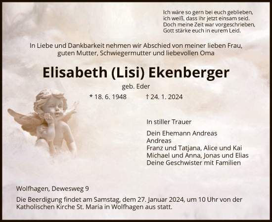 Todesanzeige von Elisabeth Ekenberger von HNA