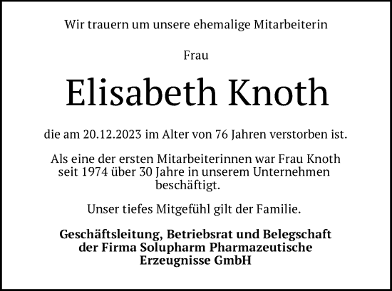 Todesanzeige von Elisabeth Knoth von HNA