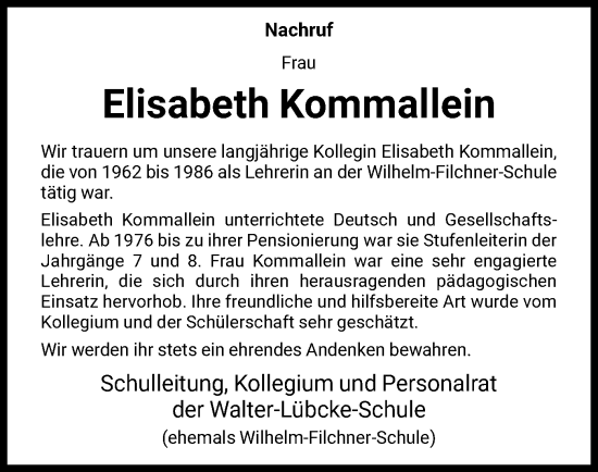 Todesanzeige von Elisabeth Kommallein von HNA
