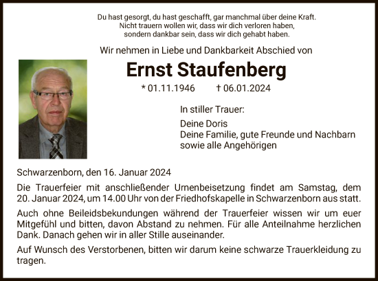 Todesanzeige von Ernst Staufenberg von HNA