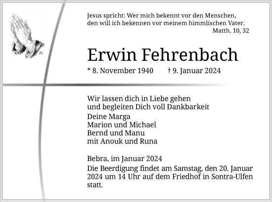 Todesanzeige von Erwin Fehrenbach von HNA
