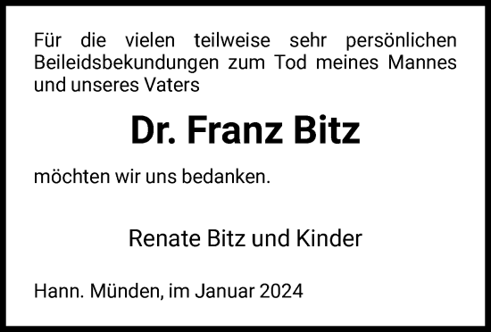 Todesanzeige von Franz Bitz von HNA