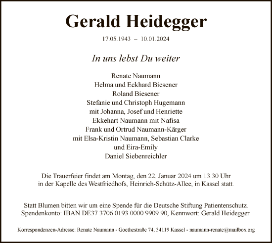 Todesanzeige von Gerald Heidegger von HNA