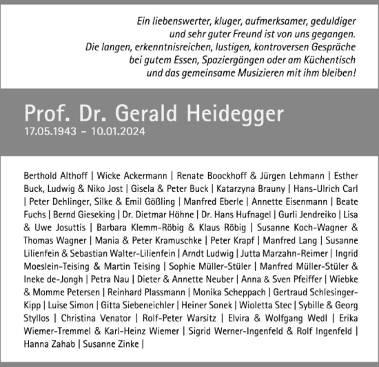 Todesanzeige von Gerald Heidegger von HNA