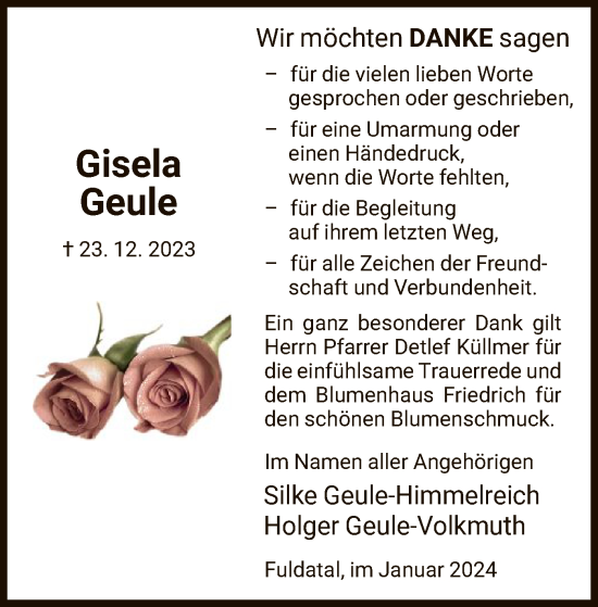 Todesanzeige von Gisela Geule von HNA