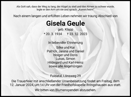 Todesanzeige von Gisela Geule von HNA