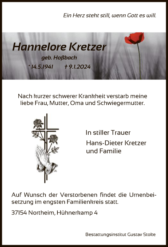 Todesanzeige von Hannelore Kretzer von HNA