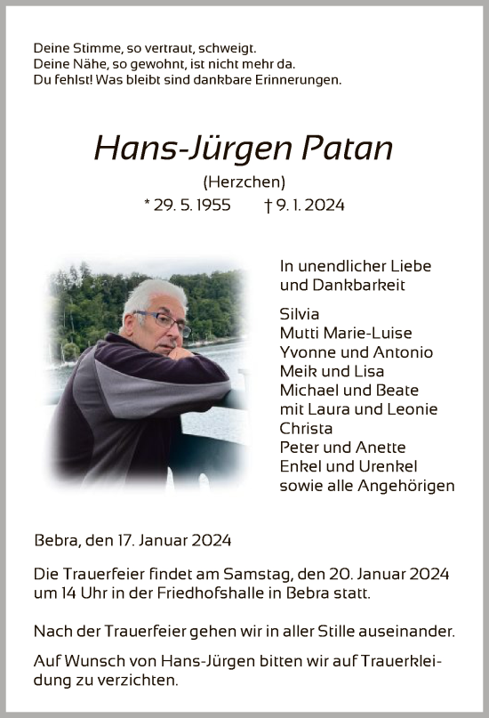 Todesanzeige von Hans-Jürgen Patan von HNA