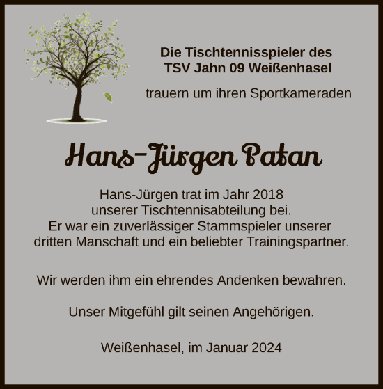 Todesanzeige von Hans-Jürgen Patan von HNA