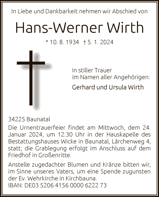 Todesanzeige von Hans-Werner Wirth von HNA