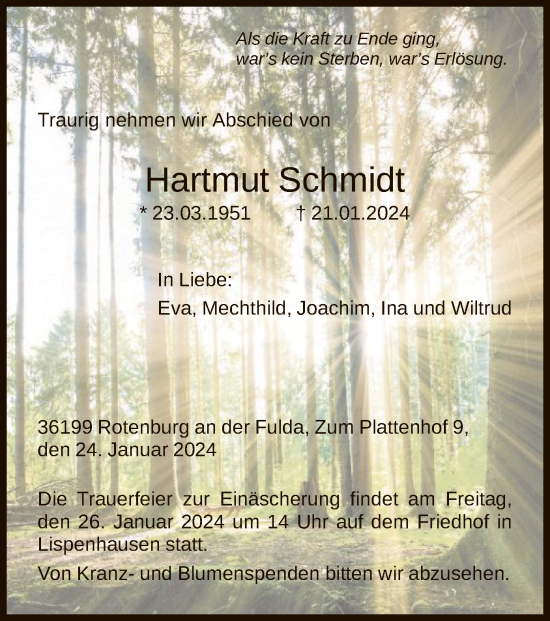 Todesanzeige von Hartmut Schmidt von HNA