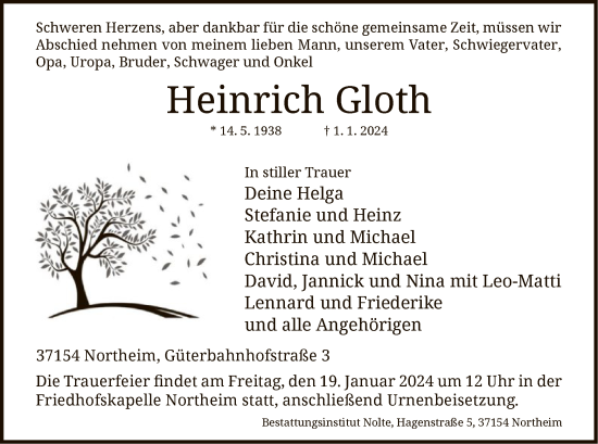 Todesanzeige von Heinrich Gloth von HNA