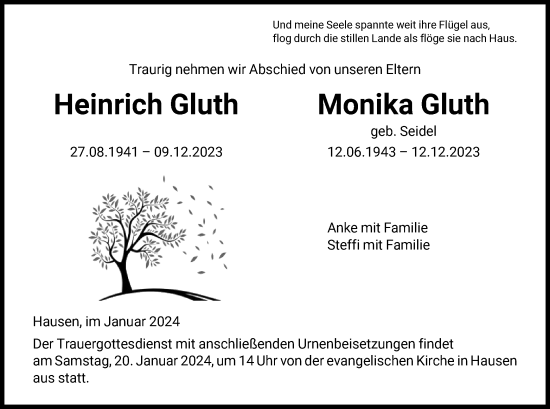 Todesanzeige von Heinrich und Monika Gluth von HNA