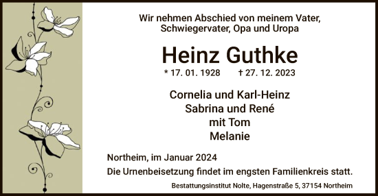 Todesanzeige von Heinz Guthke von HNA